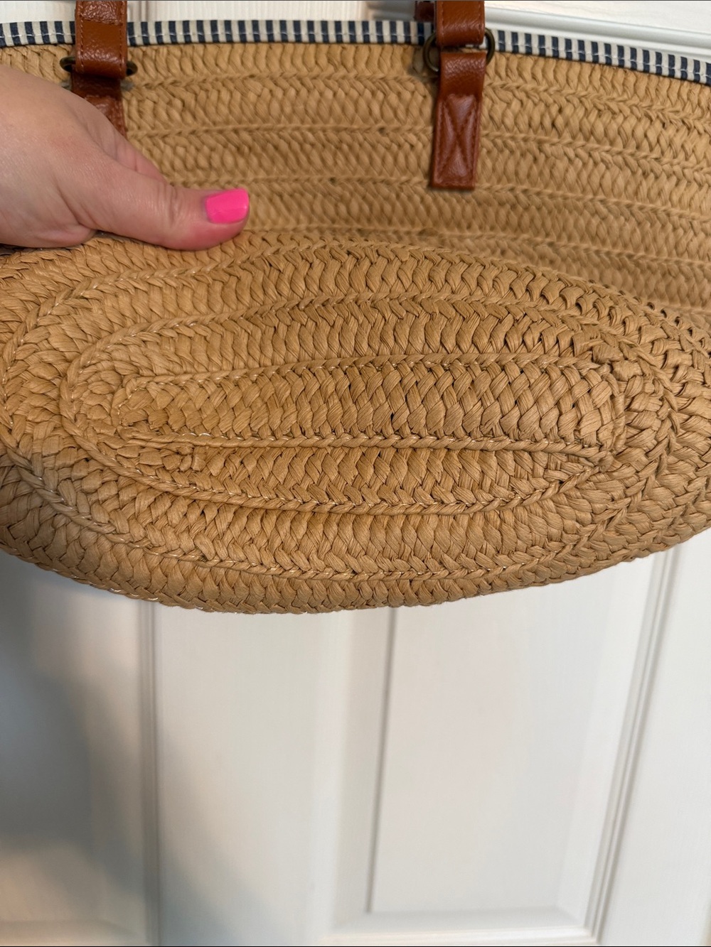 Woven Straw Tote Bag with Brown Leather Handles - Picture 5 of 5